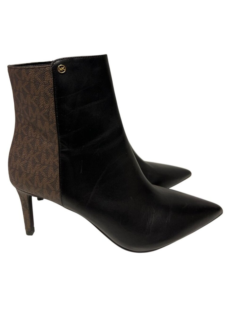 NWOB Michael Kors Alina Ankle Booties Black Brown MK Monogram Pointed Toe 9.5M